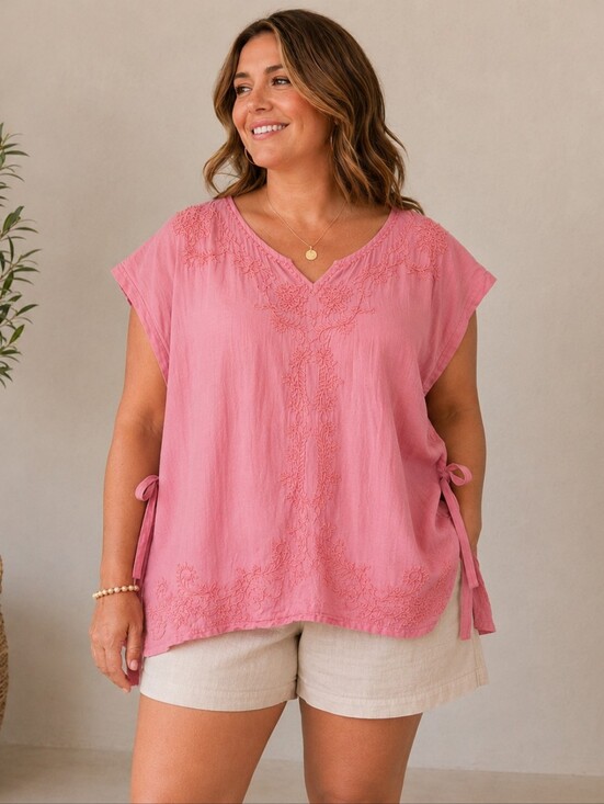Indigo Thread Co Tops - Indigo Thread Co Pink Embroidered Boho Tunic Top 1X Cotton Side Tie